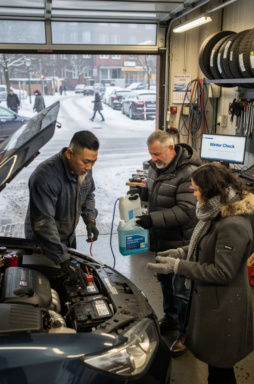 Mitarbeiter füllt Frostschutzmittel und Motoröl in Fahrzeug während Winter-Check.